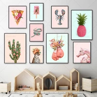 pink cactus pineapple tiger wall art canvas painting flower power nordic posters prints wall pictures for living room home decor