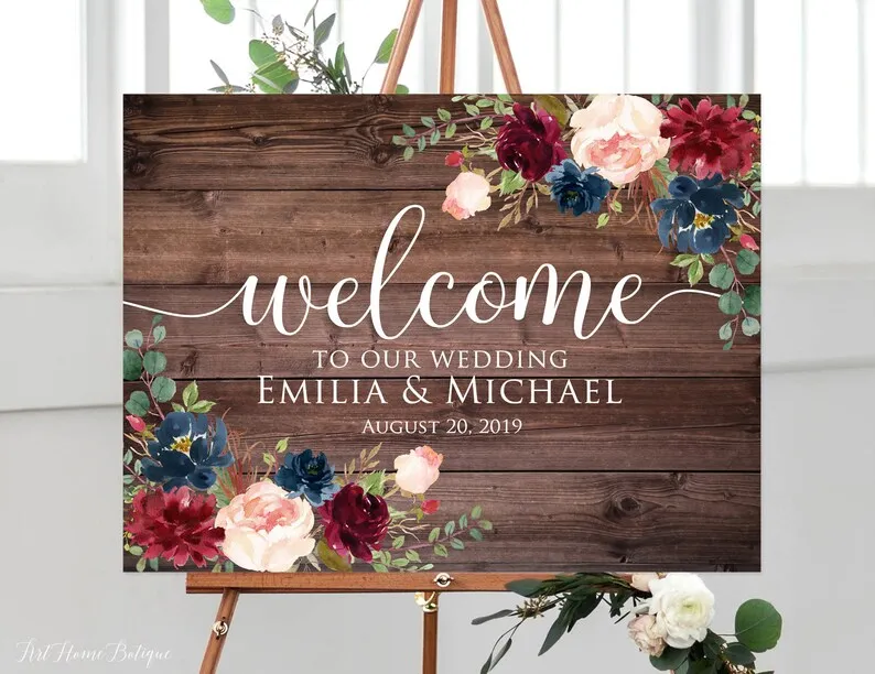 

Rustic Welcome Wedding Sign,Welcome To Our Wedding Sign,Burgundy and Navy Wedding,Personalized Welcome Board,Wood Wedding Decor