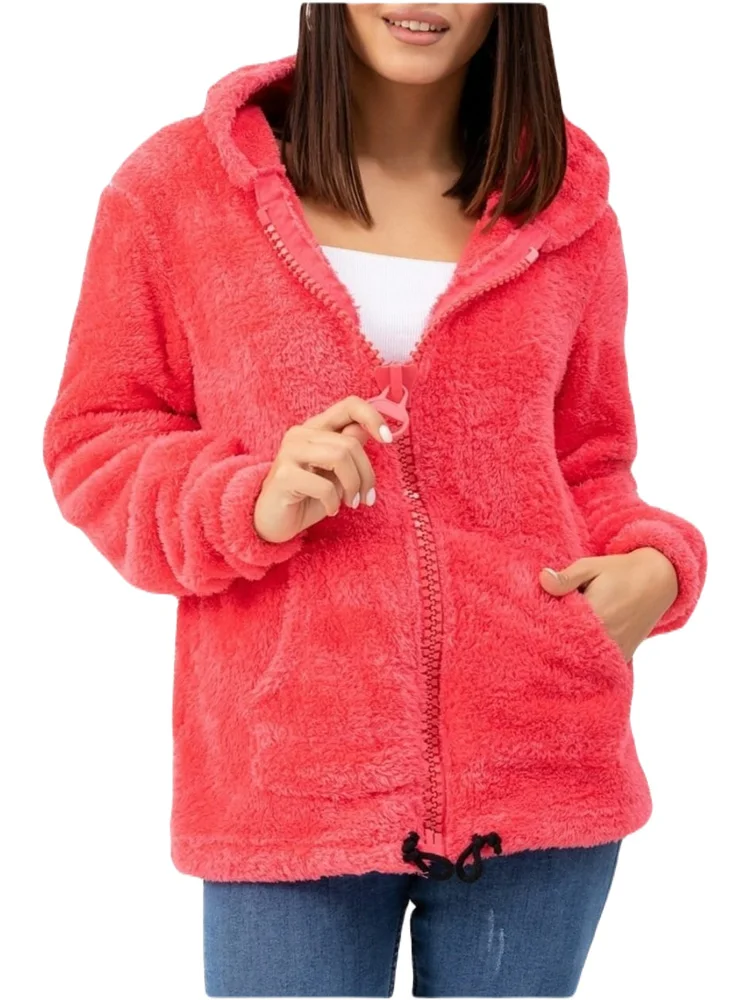 

Women's New Season Latest Fashion Big Zipper Detail Pink Color Hooded and Pockets Convenient Useful Plush Coat