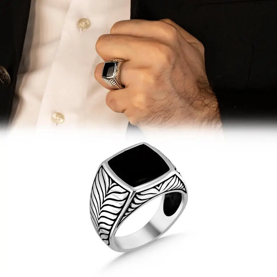 

Square Plain Model Black Onyx Gemstone Ring Handmade Men Jewelery High Quality Fashionable Vintage Silver Accessories