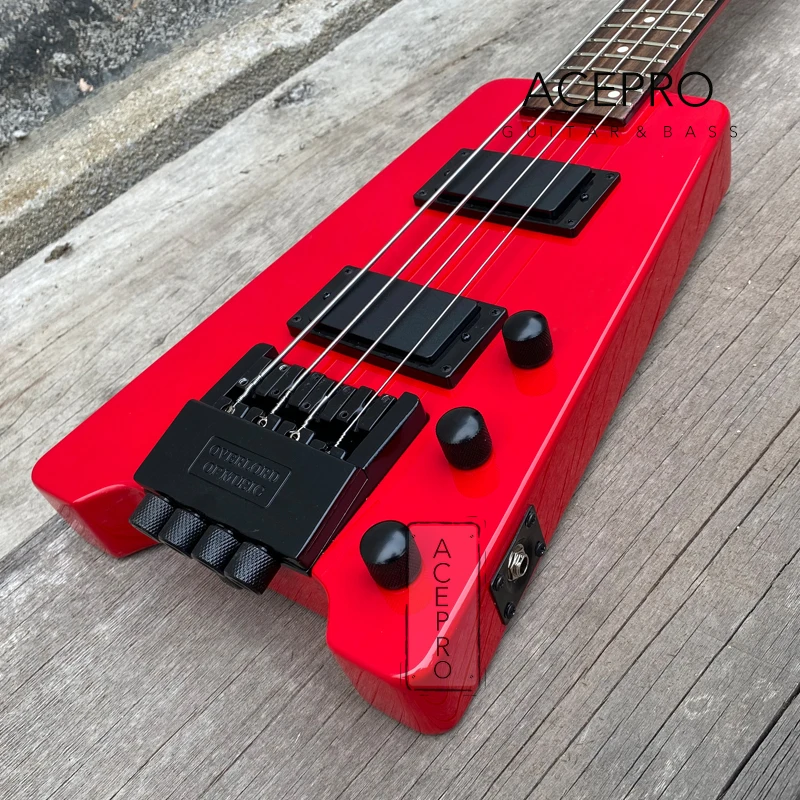 4-струнная красная бесголовая электрическая бас-гитара фингерборд из палисандра