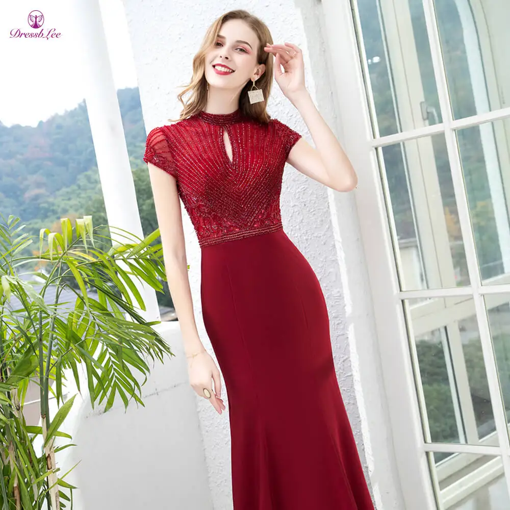 Turtleneck Burgundy 2020 New evening dress beaded full sexy attractive mermaid evening dress formal banquet dress vestoidos