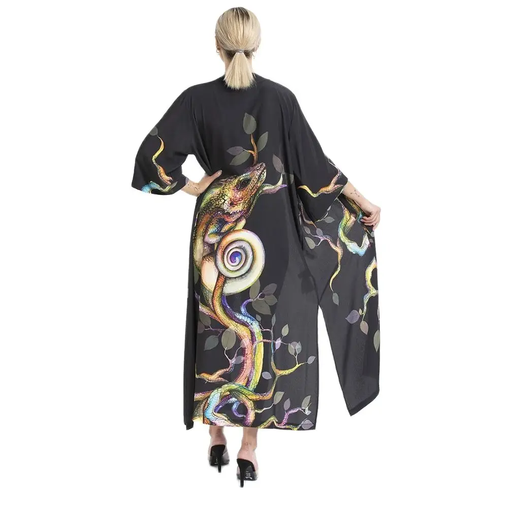

Кимоно женское с рисунком хамелеон, белый кардиган в японском стиле Харадзюку, аниме-платье, черный цвет