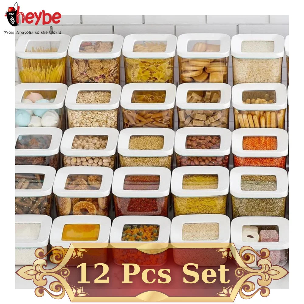 

12Pcs Transparent High Quality and Healthy Plastic Square Storage Container Set Box Food Kitchen Organizer Vacuum Lid Airtight Rice Pasta Coffee Seasoning Original Hygienic Jars Pantry Bottle Cereal Seals Dress Nail