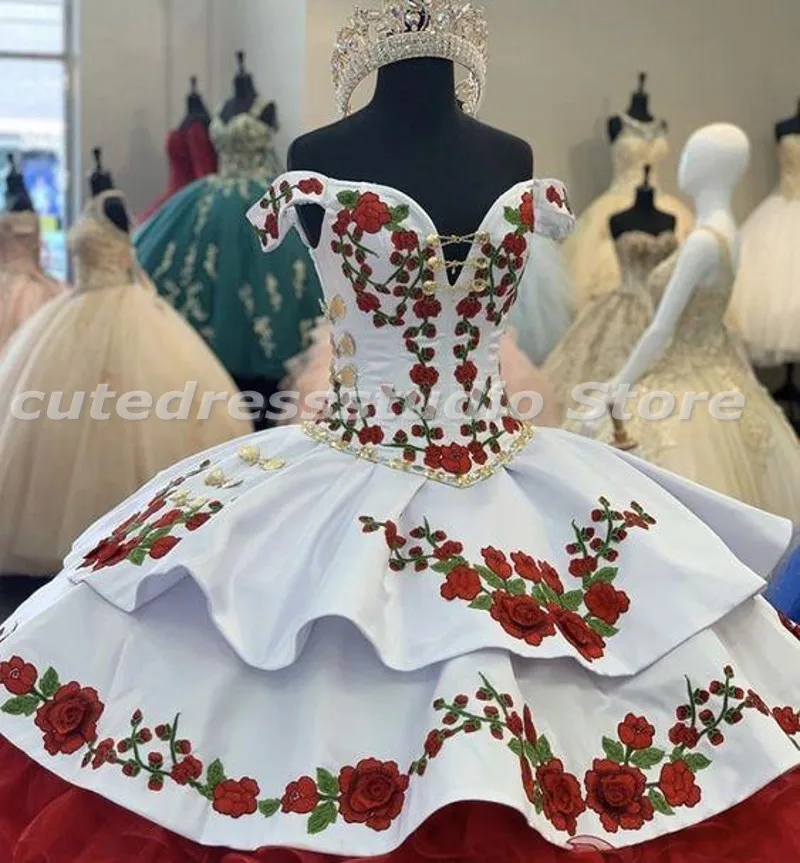 

Custom Made Charro vestidos de xv años Quinceanera Dresses with 3D Flowers Embroidery Off the Shoulder Ruffles Sweet 15 Dress