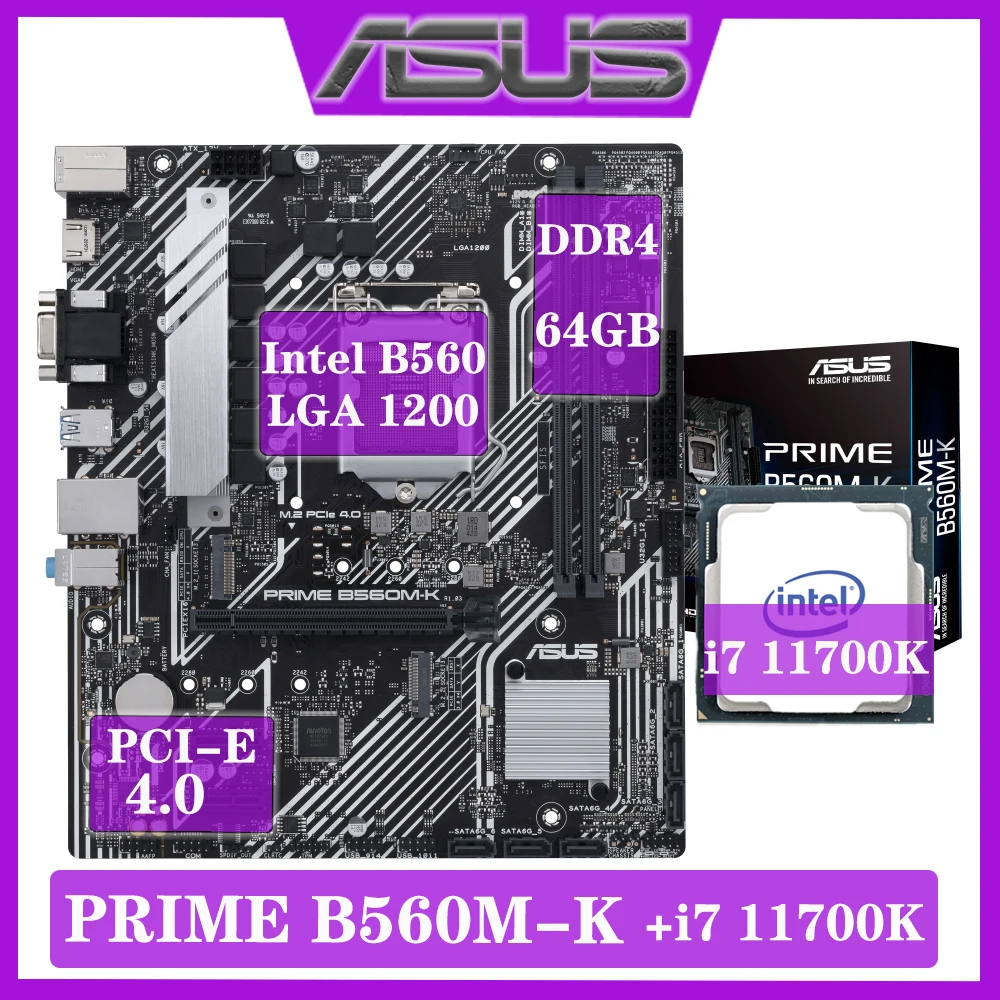 

LGA 1200 Asus PRIME B560M-K Motherboard Set With Intel i7 11700 Combos DDR4 64GB PCI-E 4.0 M.2 USB3.2 ATX Placa-mãe 1200 Kit New