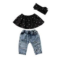 infant baby girls clothes sets dot sleeveless tops vest hole denim pants headband 3pcs clothing set baby girl