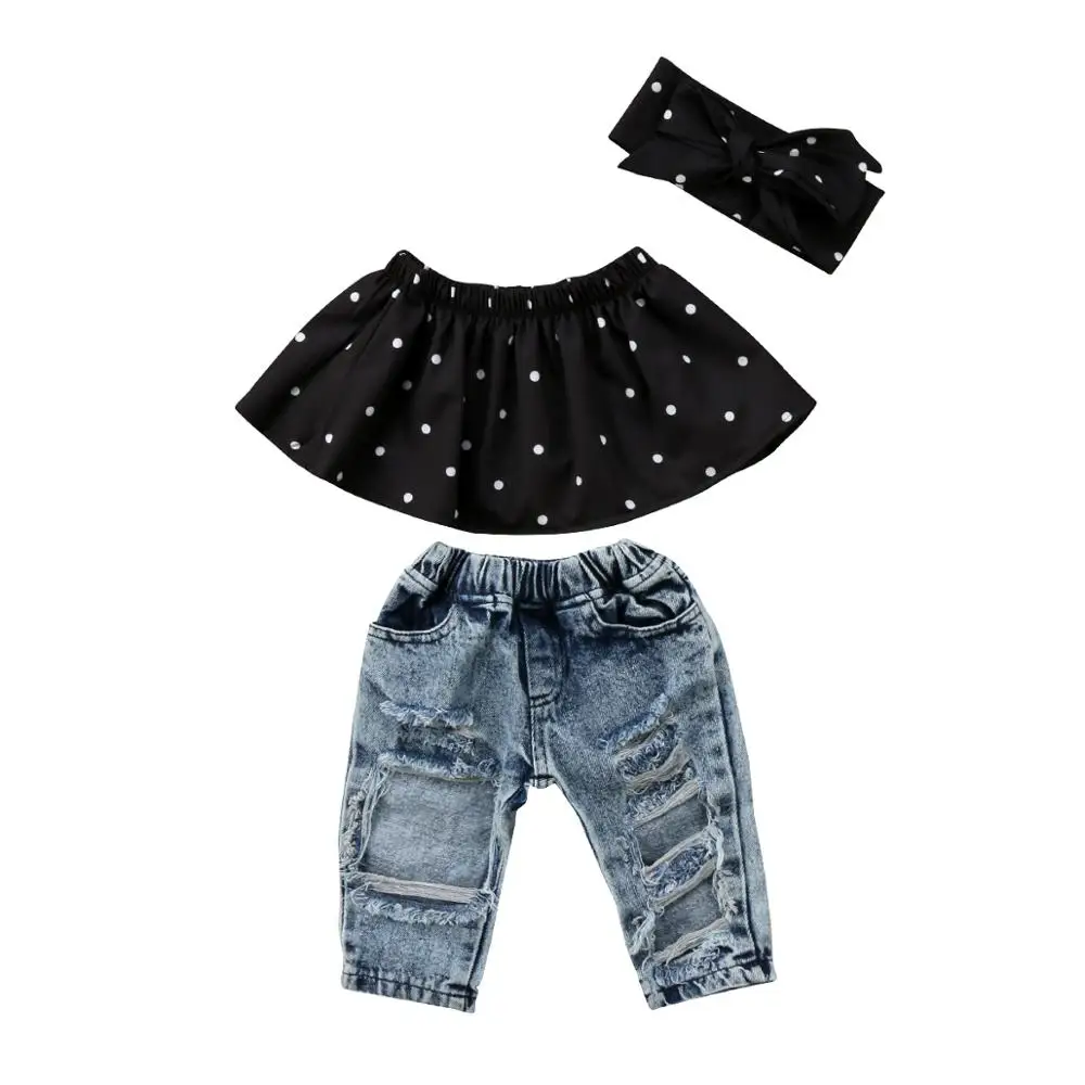 Infant Baby Girls Clothes Sets Dot Sleeveless Tops Vest Hole Denim Pants Headband 3pcs Clothing Set Girl | Детская одежда и обувь