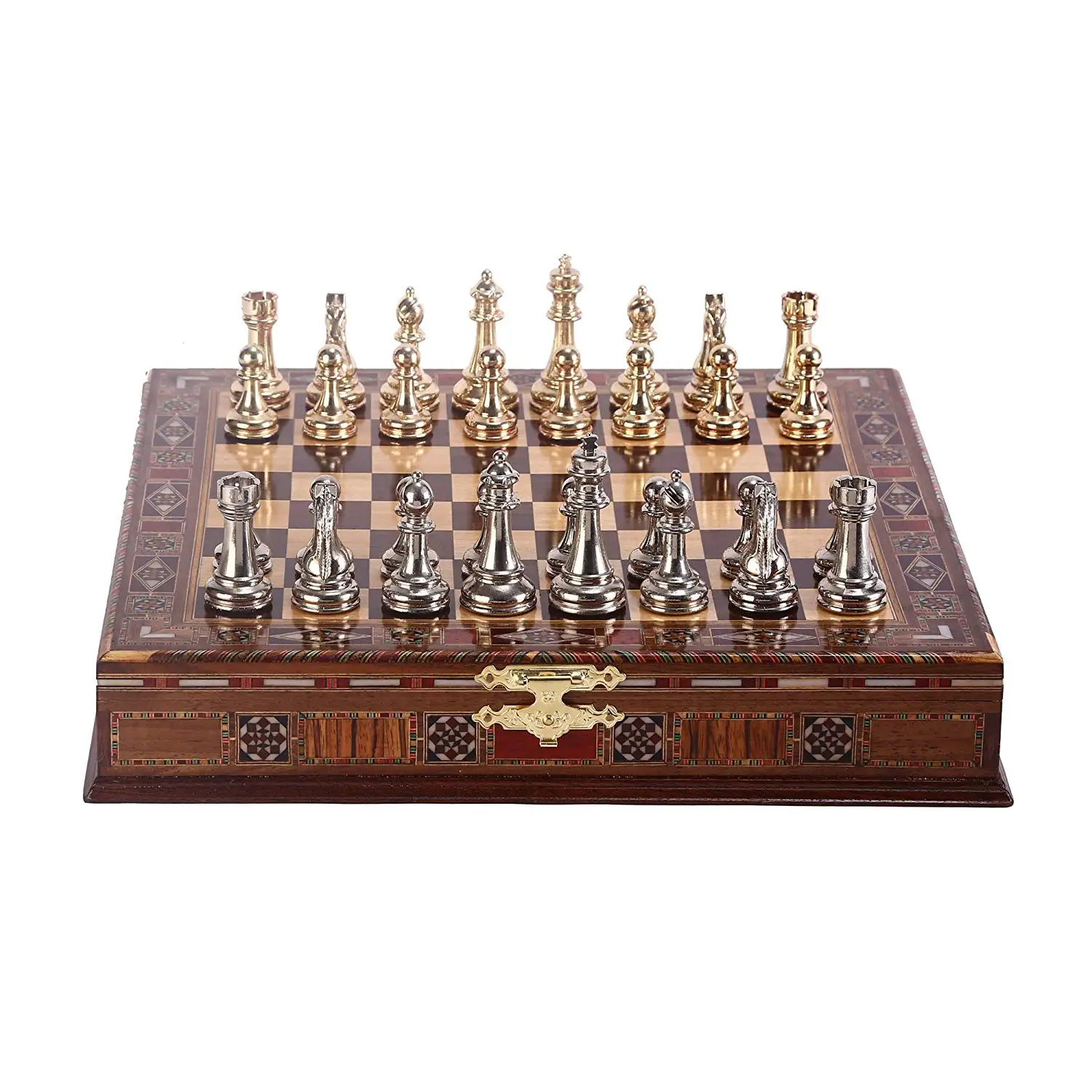 Classic Chess Set Handmade Pieces Natural Solid Wooden Board with Pearl Design Around and Storage Inside King 7 cm |