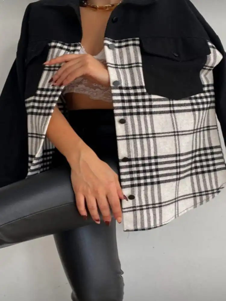 

Women's New Season Latest Trend Wonderful Design Striped Robasi Gabardine Snaps Front Pocket Detail Plaid Shirt Jacket