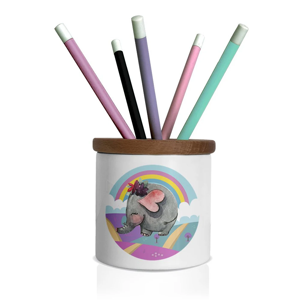 

Custog Pen/Pencil Holder For Desk Organizer With Wooden Cover Office Desk Accessories Sweet Elephant