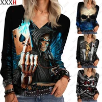 xxxh ladies 3d skull print t shirt women v neck long sleeve loose t shirts skeleton spring casual oversized tops 2022