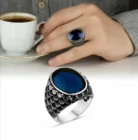 Мужское кольцо 925 пробы серебряные турецкие ювелирные изделия ручной работы синий циркон камни все размеры