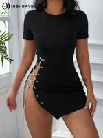 highdays black sexy side chain banding womens elegant dress hollow out short sleeve mini skirt summer new slim pack hip skirt