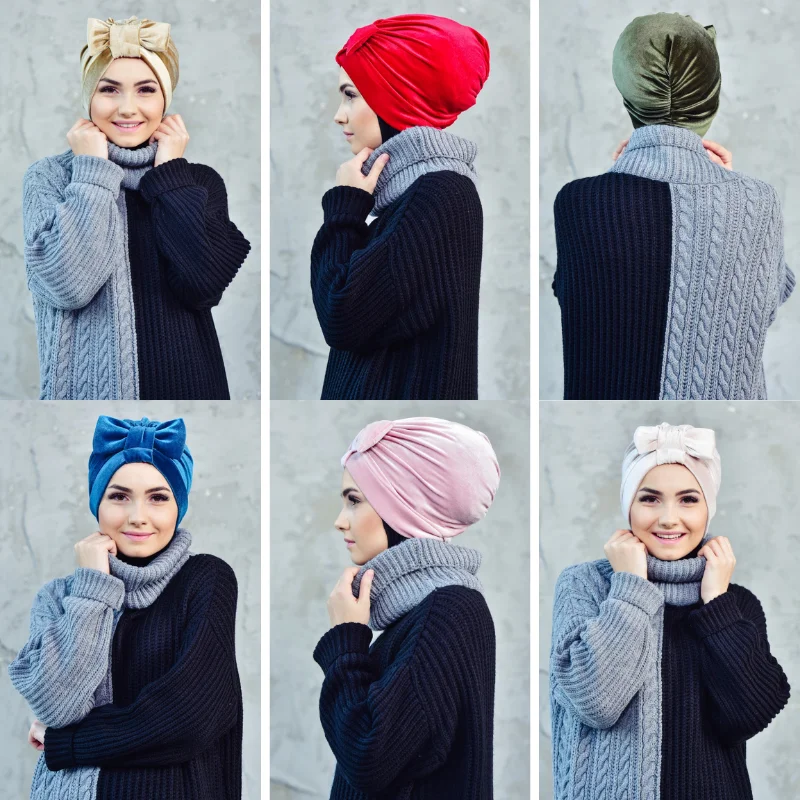 

Bow Velvet Inner Hijab Caps Muslim Stretch Turban Cap Islamic Underscarf Bonnet Hat Female Headband Turbante Mujer 2021 Elegant