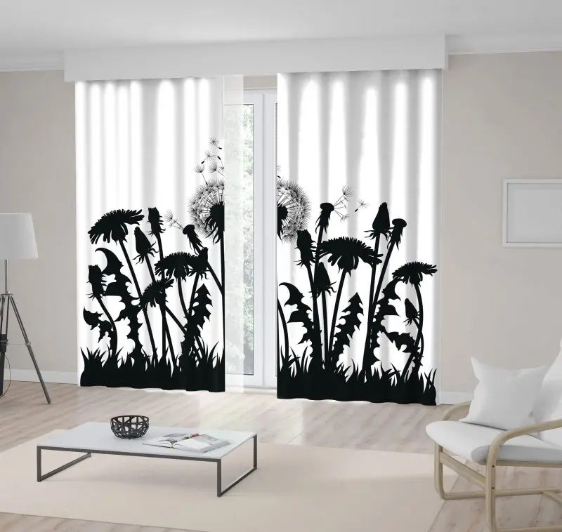 

Curtain of Field Dandelion Flowers Black Silhouettes on Plants of White Nature Artwork