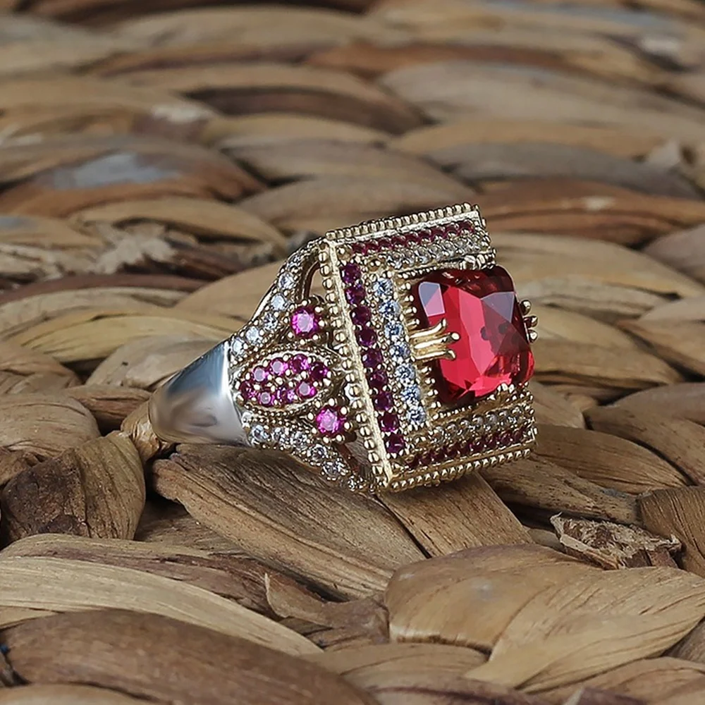 

Turkish Handmade Sterling Silver Jewelry Red Zircon Stone Women's Ring