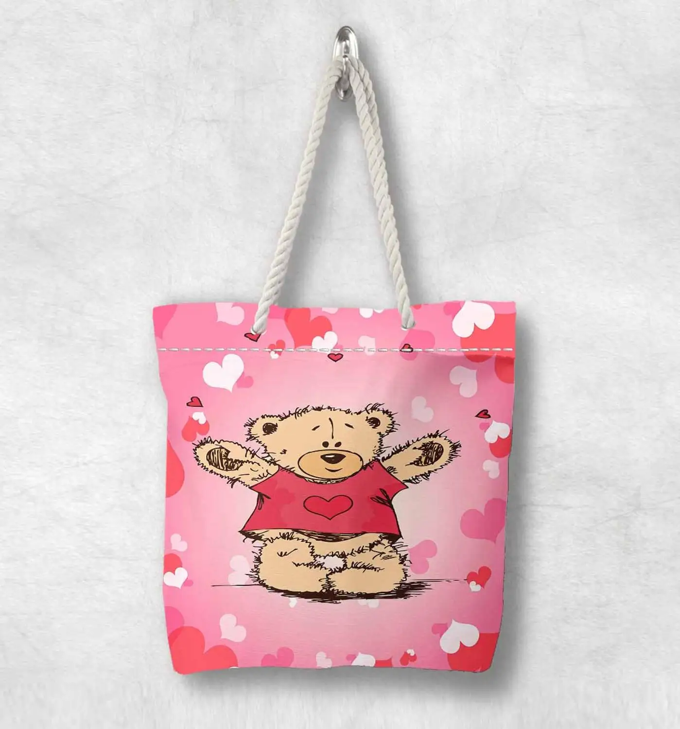 

Else Pink White Red Hearts Cute Bears Fashion White Rope Handle Canvas Bag Cartoon Print Zippered Tote Bag Shoulder Bag