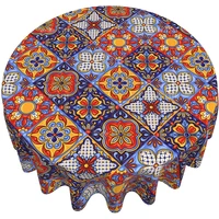 Mexican Talavera Ceramic Tile Elegant Round Tablecloth For Tables Kitchen Dining Room Indoor Outdoor Decor