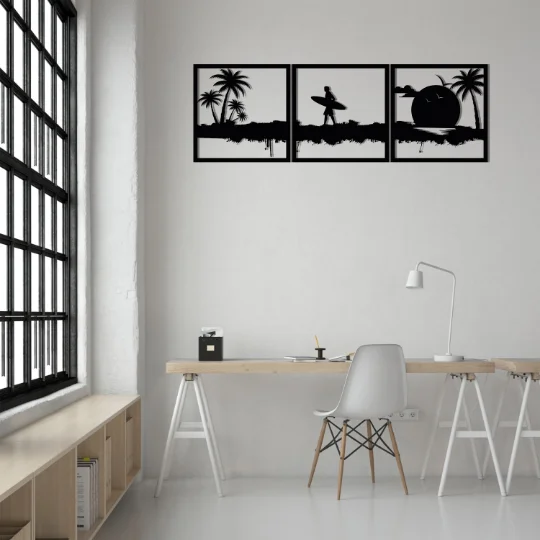 Surfista-Arte de la pared Decoraci&oacute;n de Metal, Juego de 3 uds., decoraci&oacute;n de la Oficina del hogar, escultura de decoraci&oacute;n para sala de estar, pared de metal de mar, minimalista-2