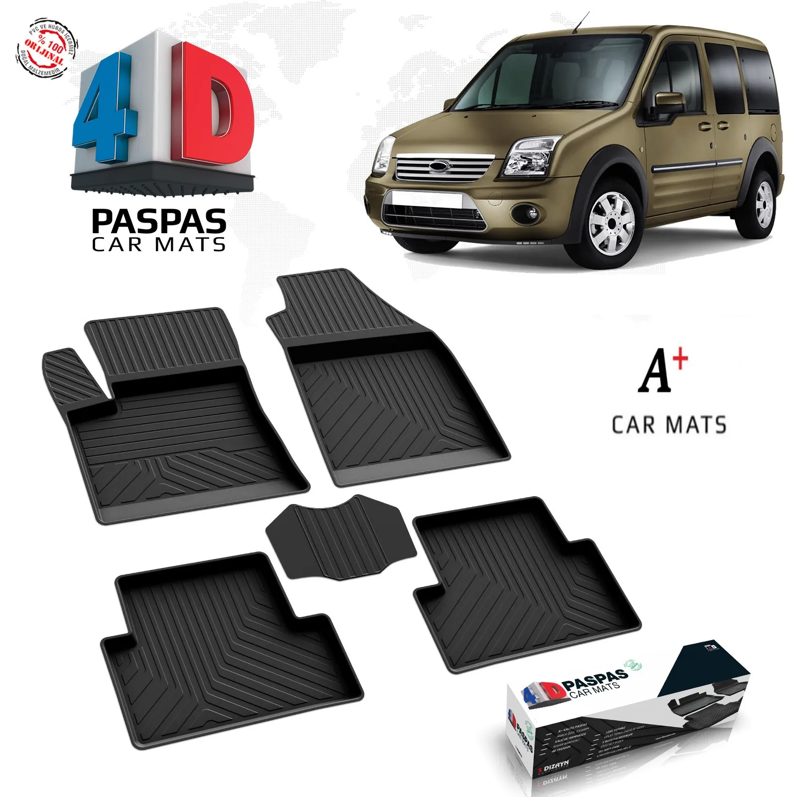 

For Ford Connect 4D Pool Mop 2002-2014 A + Quality Çivil Nonskid Base Barrier Mat Easy Cleaning Rubber