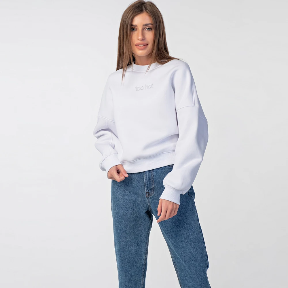 Fly 594 Свитшот женский свободный из футера теплый со спущенным рукавом с вышивкой