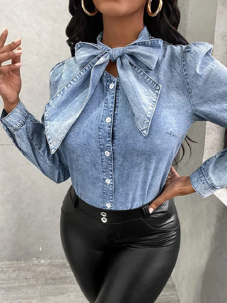 

2021 Autumn Women Denim Blue Shirts Big Butterfly Collar Bottons Sexy Nights Straight Tight Wearings Jean Top Blouse Business