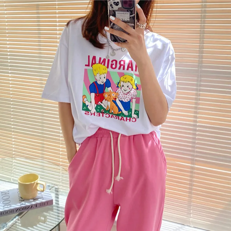 

Футболка женская с коротким рукавом, милая хлопковая рубашка с рисунком, свободный мягкий Повседневный Топ, большие размеры, большие размер...