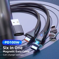 100w pd usb type c to usb c magnetic cable 5a fast charging 6 in 1 led magnet data cord for iphone mobile phone charger usb wire