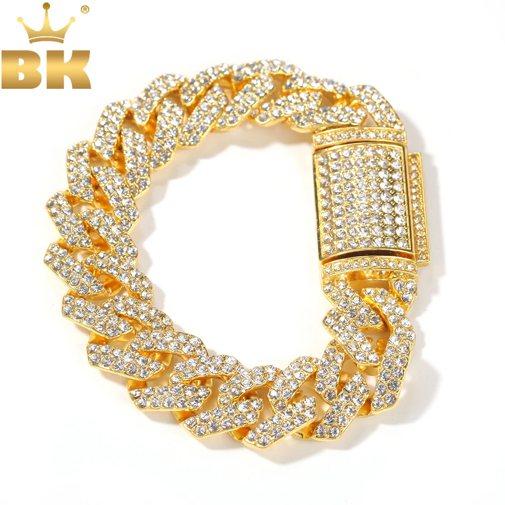 

THE BLING KING Micro Paved 18mm S-Link Miami Cuban Chain Bracelets Iced Out Rhinestones Mens Bracelet Fashion Hiphop Jewelry