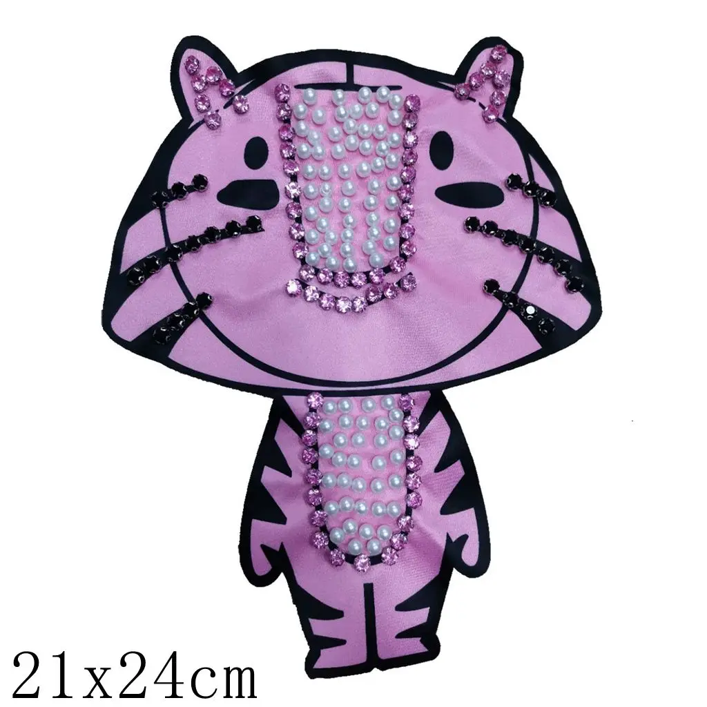 

Sew On European Spring Autumn Clothing Stickers DIY Heavy Handmade Beaded Cartoon Pink Tiger Thickened Cloth Patch With Diamond