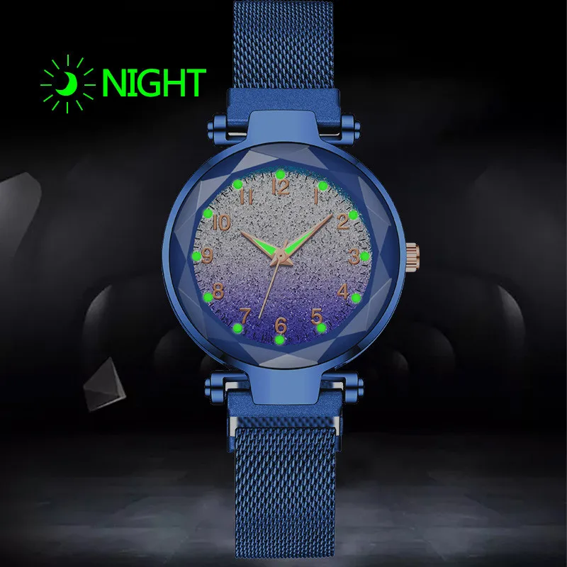 

Women watch Fashion wild Luminous Starry sky numeral Milan Magnet Buckle Luxury Fashion Ladies Geometric Numeral Quartz Watch