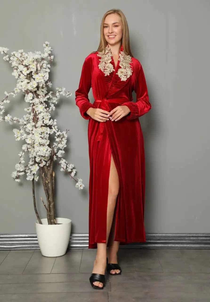 

Women's Red Velvet Cotton Dressing Gowns Long Lace Sexy Home Comfortable Underwear Wearable in Bed Quality Luxury Pattern You Ran