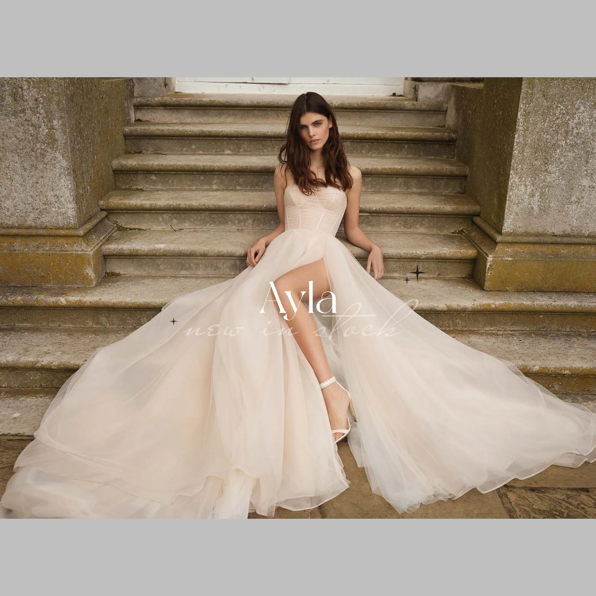 

Grace Glitter Strapless A-line Wedding Gowns Modest High Split Ball Gown Tulle Train Wedding Dress Vestido de Noiva