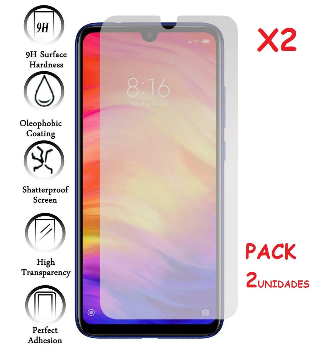 2X Protector para XIAOMI REDMI NOTE 7 Vidrio templado cristal Antigolpes 9h, 2 Unidades