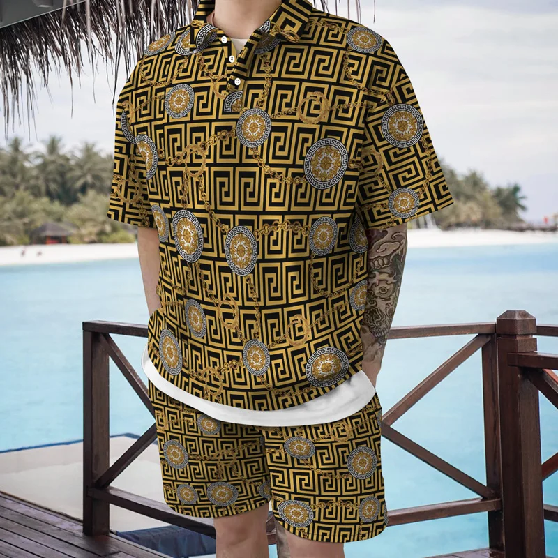 

2022 Summer New Men's 3d Retro; Chain Print Casual Shirt Trendy Fashion Short Sleeve Polo Top Beach Pants Two Piece Set