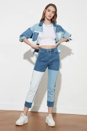 

Blue Color Block High Bel Mom Jeans Women Clothing Women 'S fashion 2021 Spring Summer Collection