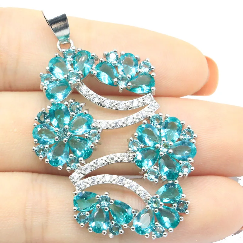 

51x29mm European Design 6.1g Created Blue Aquamarine White Cubic Zircon Women Bride Wedding Silver Pendant Eye Catching