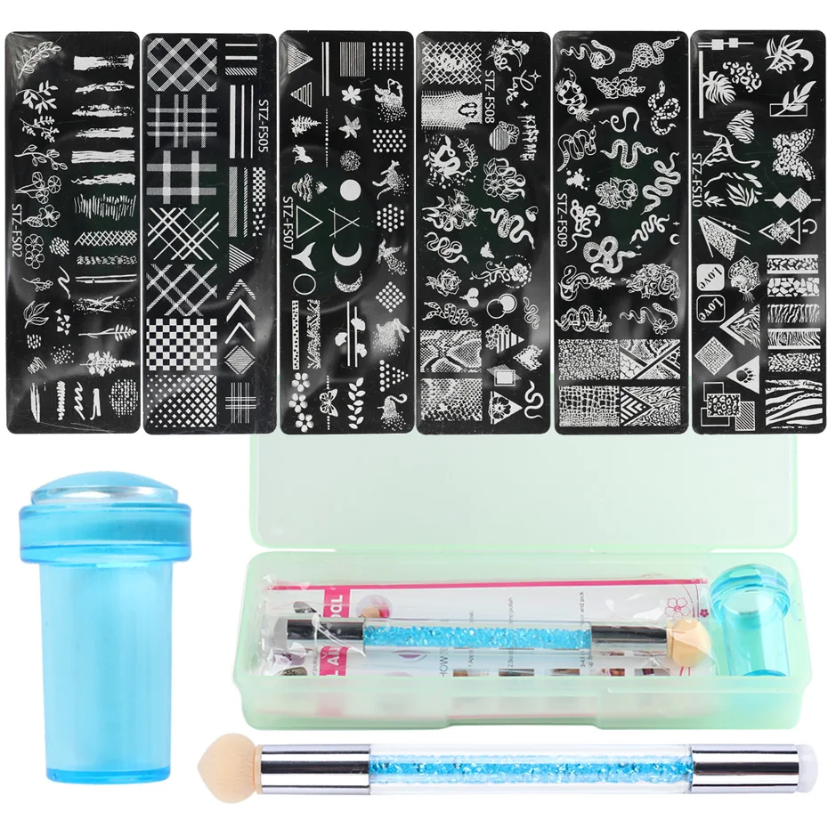9pcs/Set Nail Art Stamping Plates Silicone Stamper Scaper Stamping Printing Brush Polish Nail Templates Manicure Tools TRSTZ-FS