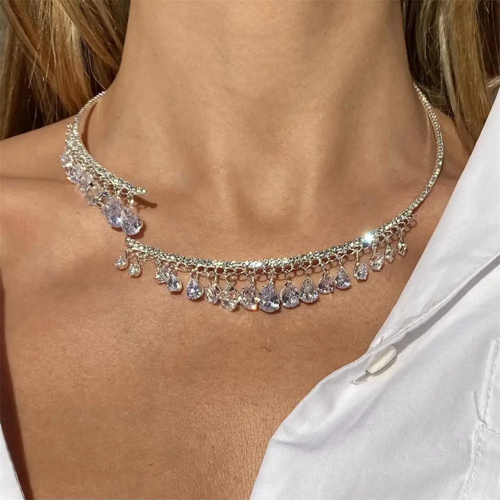 

Tassel Zircon Alloy Torques Collar Choker Necklace For Women Korean Fashion Round Open Crystal Necklace Charms Aesthetic Bijoux