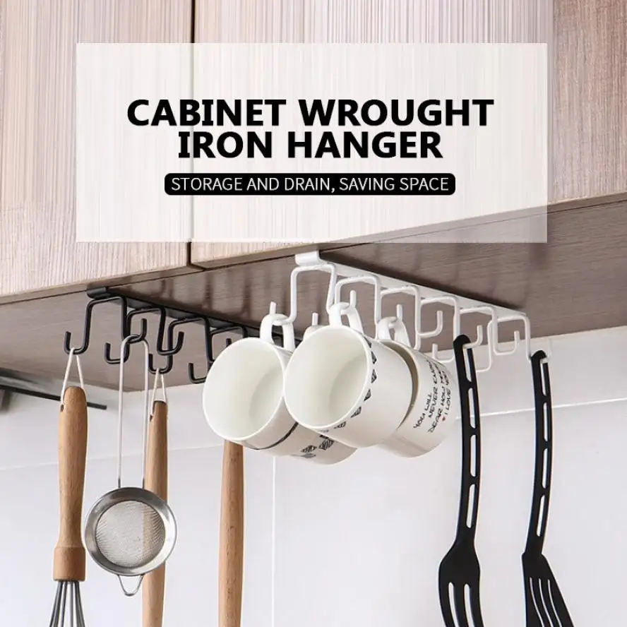 

Double-row Hook Hanger Wall-Mounted Iron Hanging Mug Cup Brushes Spatula Storage Rack Cabinet Cup Holder Kitchen Organizer