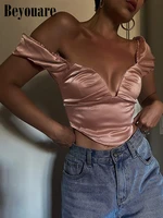 beyouare puff sleeve sexy women tops one shoulder v neck asymmetrical hem corset crop top solid folds slim fashion elegant shirt