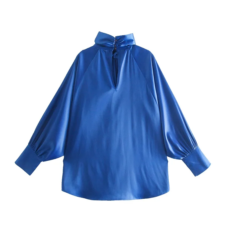 

ZXQJ Women 2021 Fashion Blue Satin Asymmetric Blouses Vintage Long Sleeve high Collar Tie Buttons Shirts Blusas Chic Tops