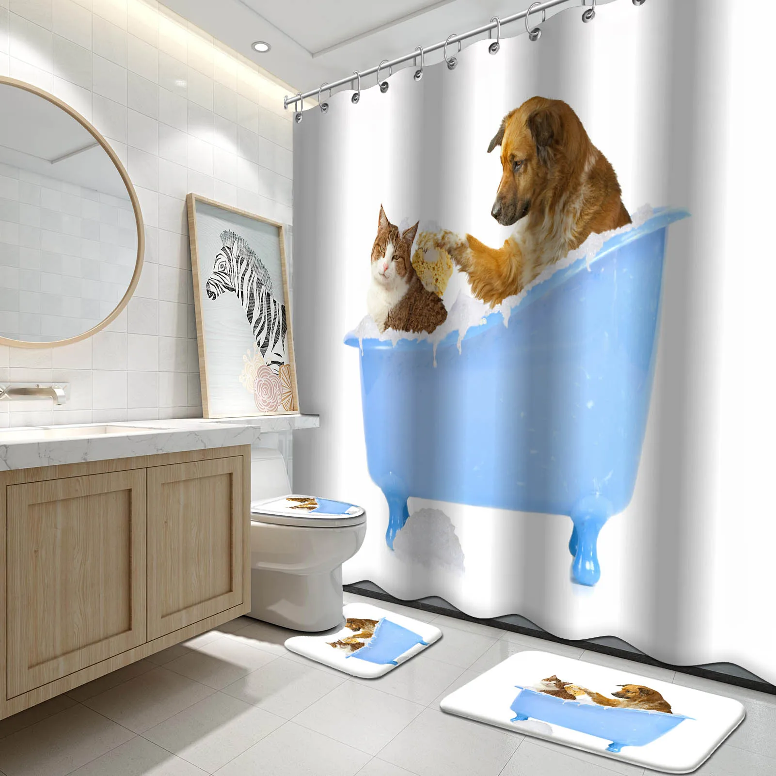 

Creative Dog and Cat Shower Curtain Cute Pet Animal Bathroom Curtains Polyester Fabric Waterproof 72 X 72 Inches Include Hooks