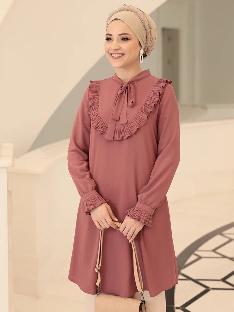 

Women Tunic with Bow High Quality Muslim Islamic Tunic Special Design Made in Turkey Dubai Arabic Blouse With Pleated Sleeves