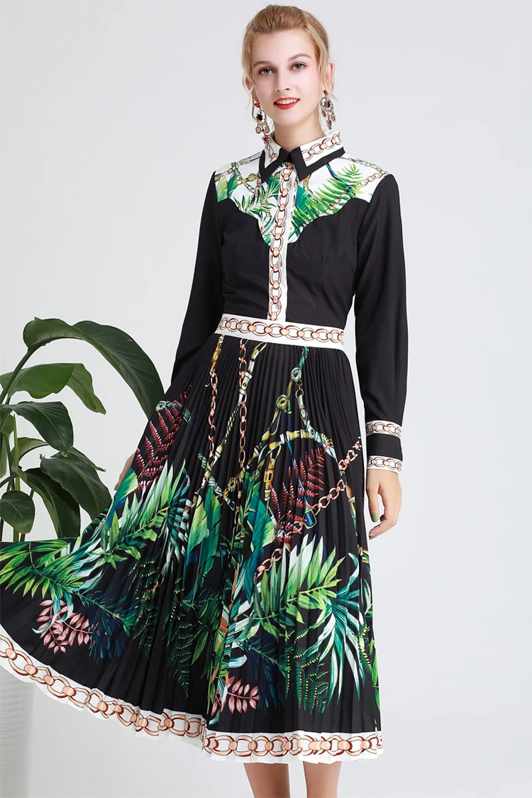 Runway Dresses Turn Down Collar Long Sleeves Printed Pleated Fashion Designer Casual Autumn | Женская одежда