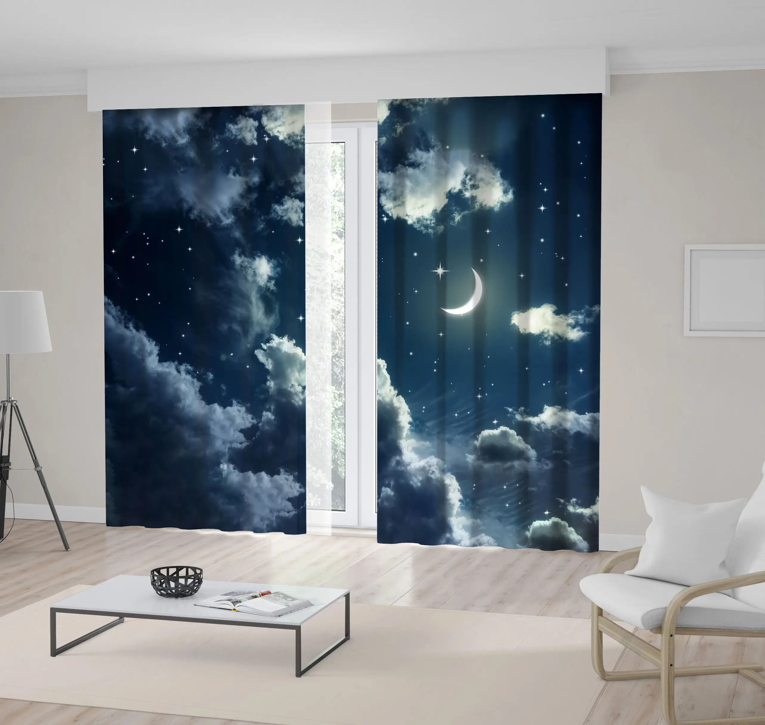

Curtain Clouds Shining Stars and New Moon Lunar Month Nature Digital Artwork Printed Blue White