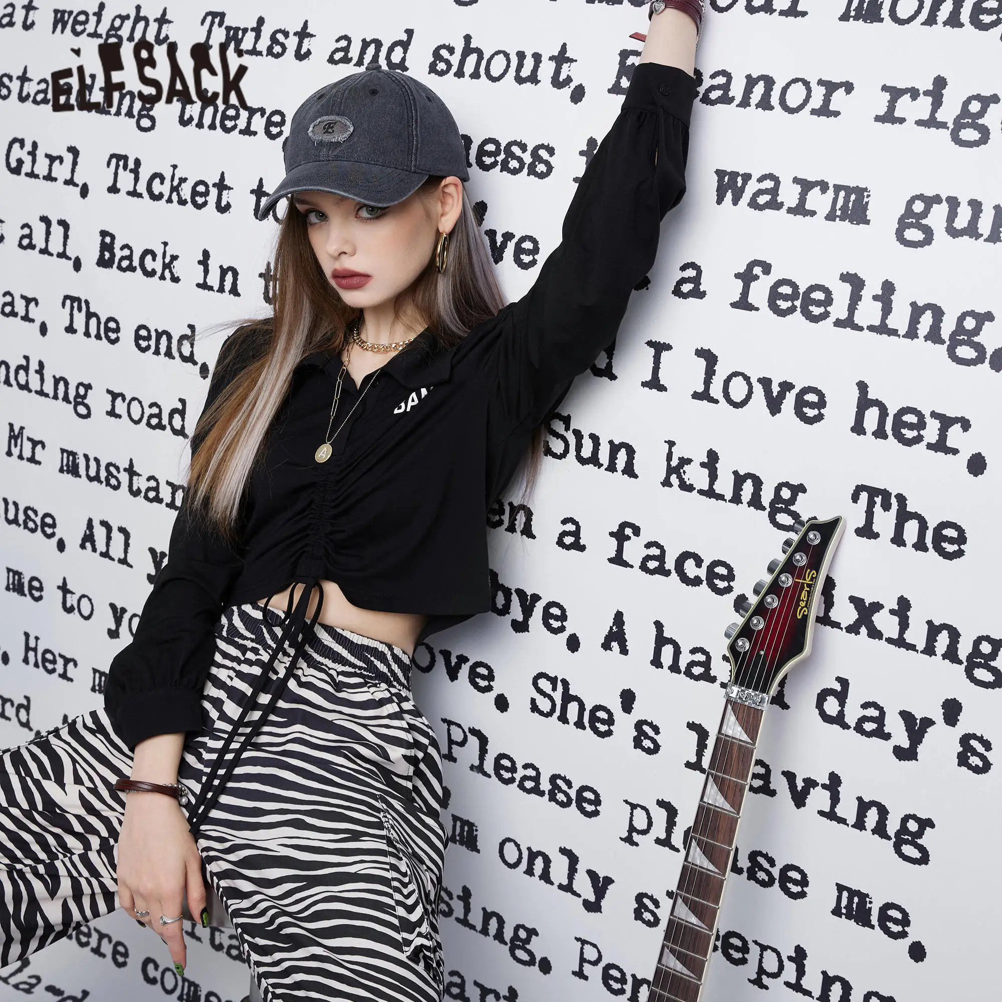 

ELFSACK Harajuku Letter Print Chic Casual T-Shirts Women,2022 Spring Vintage Full Sleeve Female Basic Daily Tops