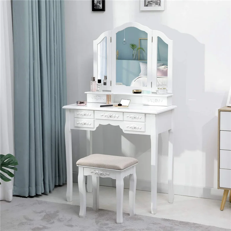 

Modern Makeup Vanity Dressing Table w/ Tri-Folding Necklace Hooked Mirror & 7 Drawers for Storage Vanity Desk Cushioned Stool