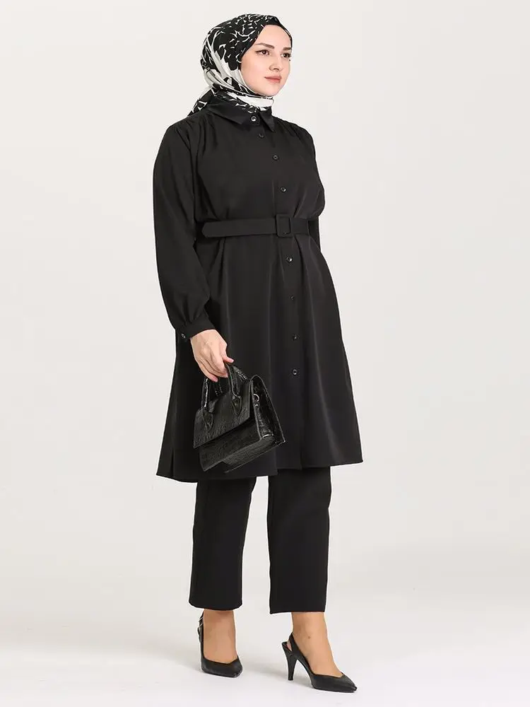 

Belt Tunic Long Sleeve Shirt Collar Four Seasons Cotton Woven Fabric Islamic Clothing Modest Women's Tops Muslim Fashion